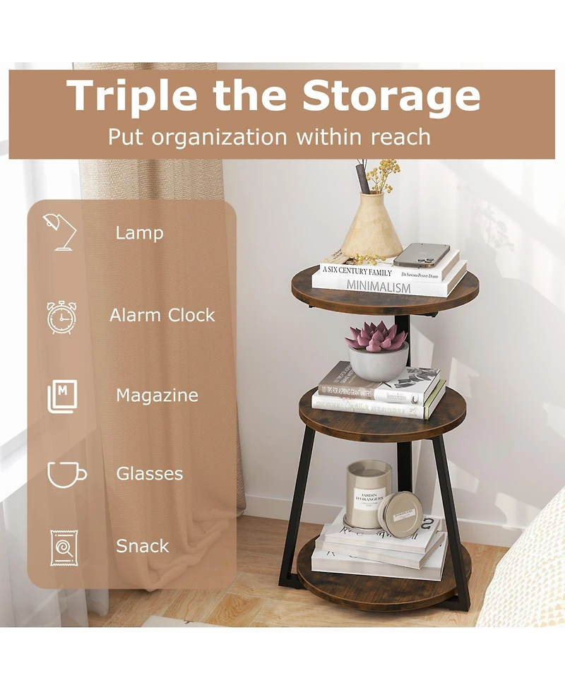 3-Tier Round Accent Side Table with Open Storage Shelves for Small Spaces