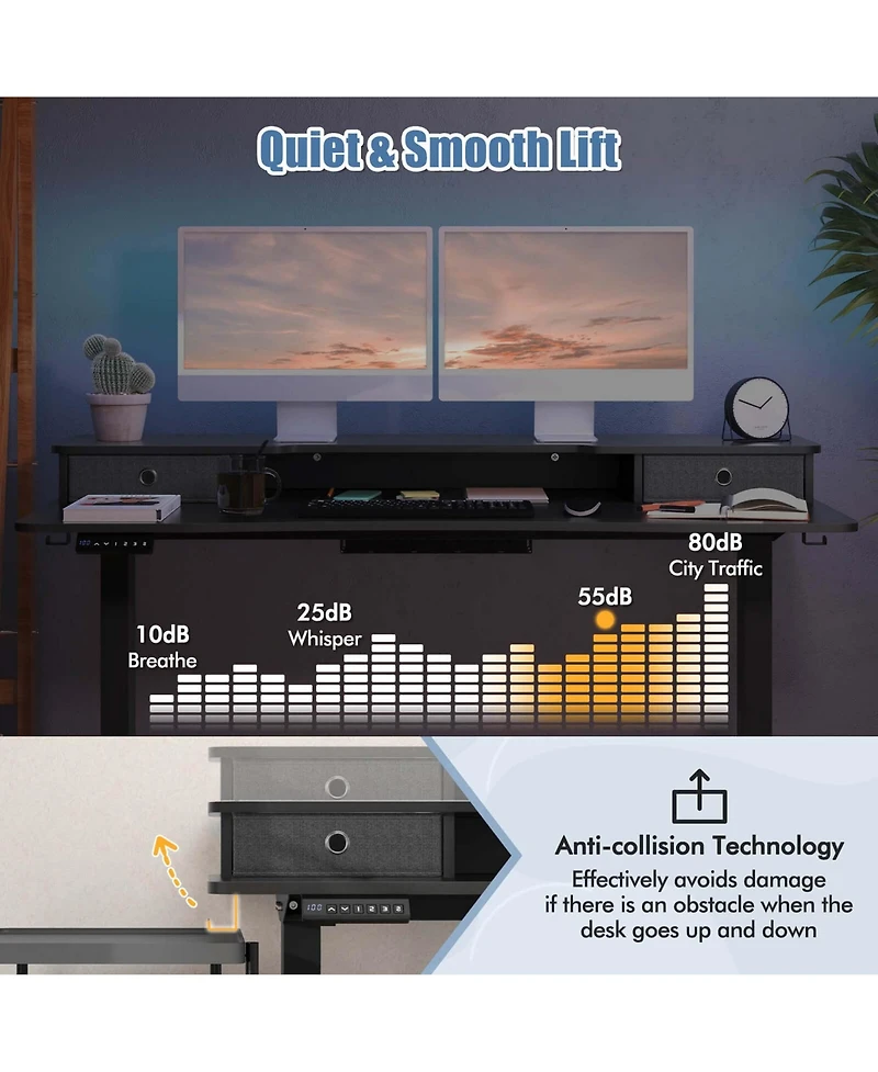 55"x 24" Electric Standing Desk with 2 Drawers Monitor Stand Storage Shelf