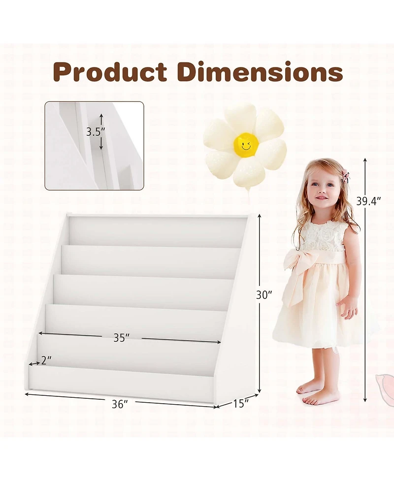 5 Tier Kids Bookshelf with Anti-Tipping Device Kids-friendly Height for Bedroom