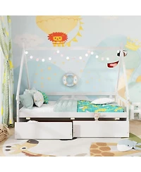 Wooden House Bed with Roof Design and Secure Guardrail