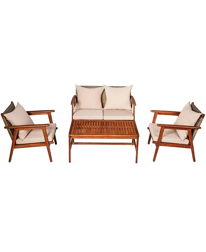 4 Pieces Acacia Wood Patio Rattan Furniture Set with Zippered Cushions