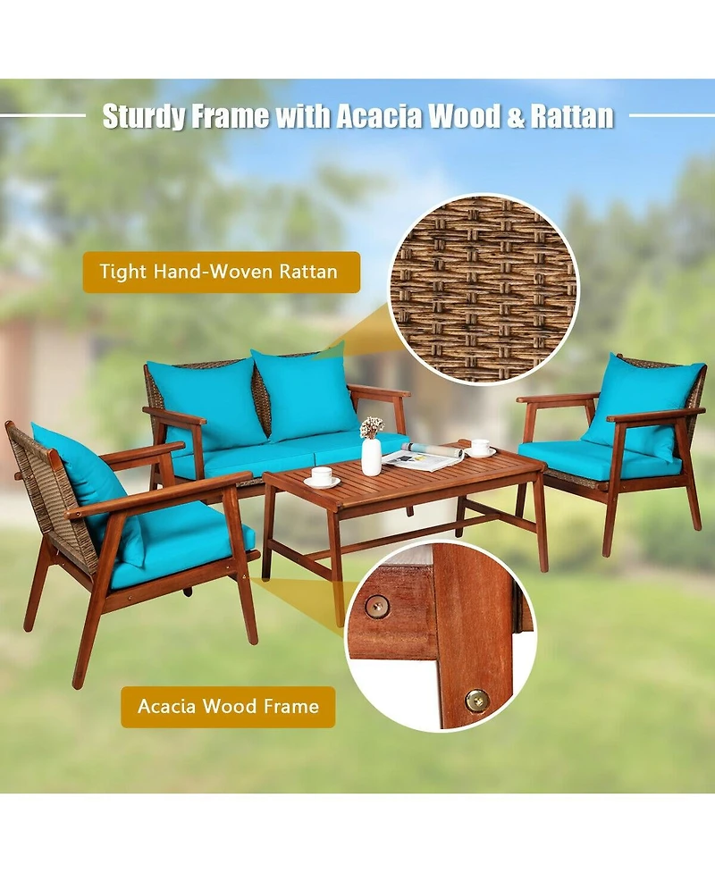 4 Pieces Acacia Wood Patio Rattan Furniture Set with Zippered Cushions