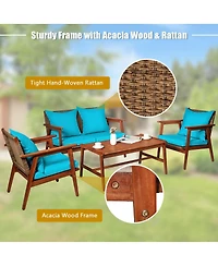 4 Pieces Acacia Wood Patio Rattan Furniture Set with Zippered Cushions