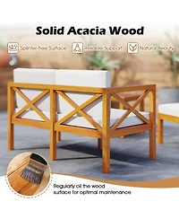 5 Pieces Acacia Wood Patio Lounge Chair Set with Ottomans and Cushions-White