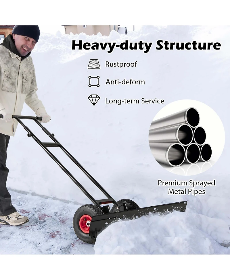 36" Snow Shovel Pusher with 10" Inflatable Wheels Adjustable Handle & Head