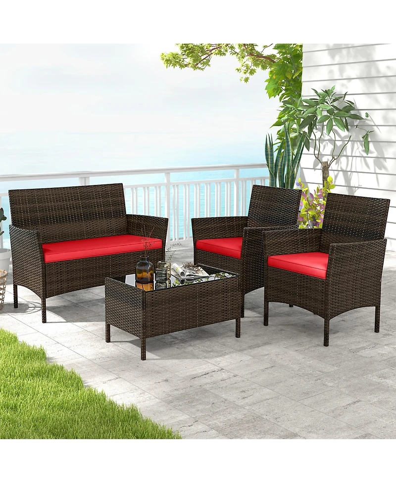 Gymax 4 Pcs Patio Furniture Set w/Washable Cushions & Tempered Glass Coffee Table