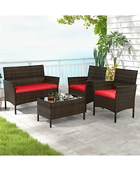 Gymax 4 Pcs Patio Furniture Set w/Washable Cushions & Tempered Glass Coffee Table
