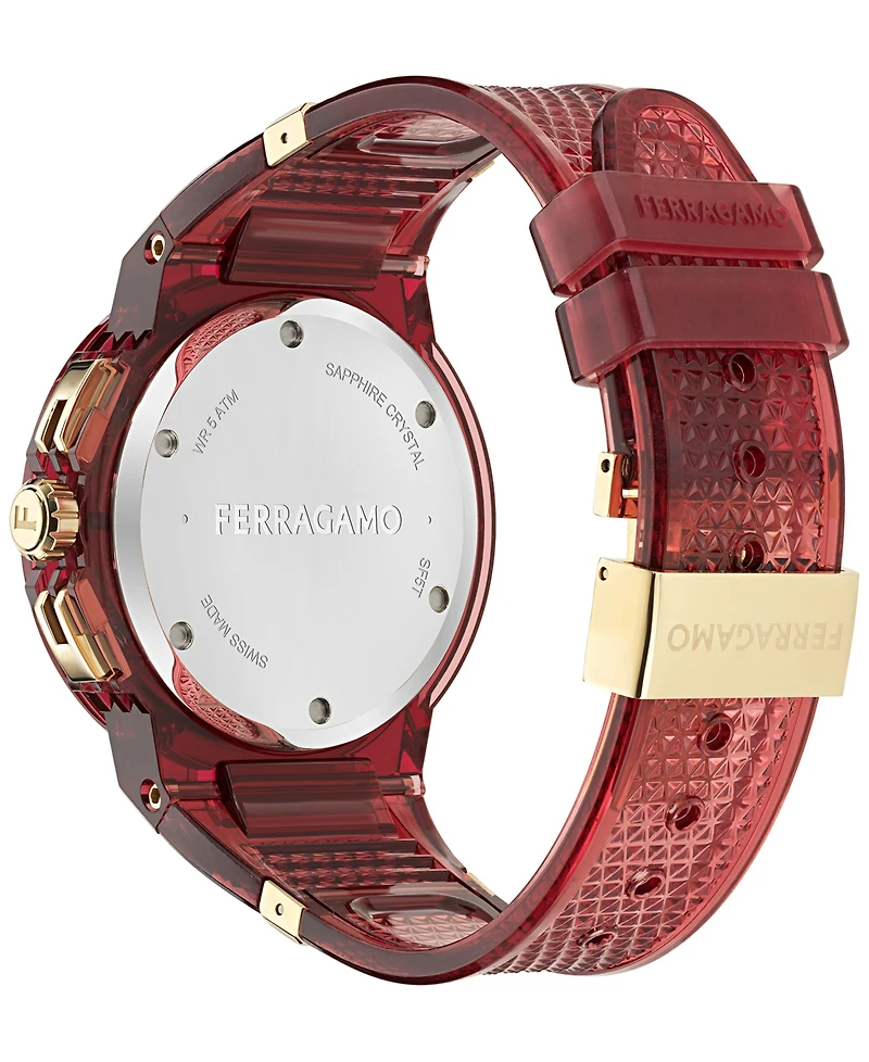 Ferragamo Men's Swiss Chronograph F-80 Translucent Burgundy Polyurethane Strap Watch 44mm