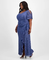 Alex Evenings Plus Size V-Neck Ruffle-Trim-Slit Sequin Dress