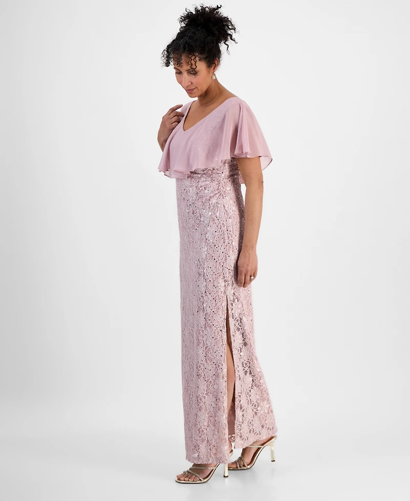 Connected Sequined Lace Chiffon Overlay Gown