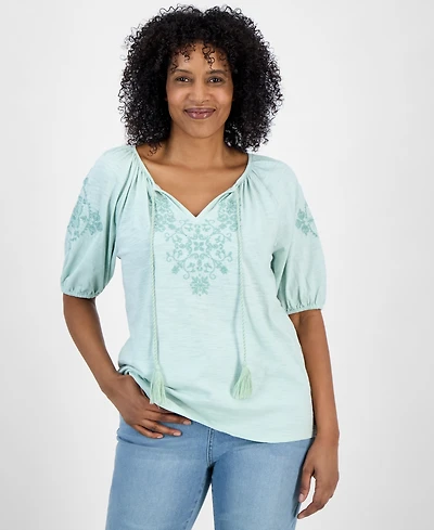Style & Co Women's Embroidered Split-Neck Tasseled-Tie Top, Exclusively at Macy's