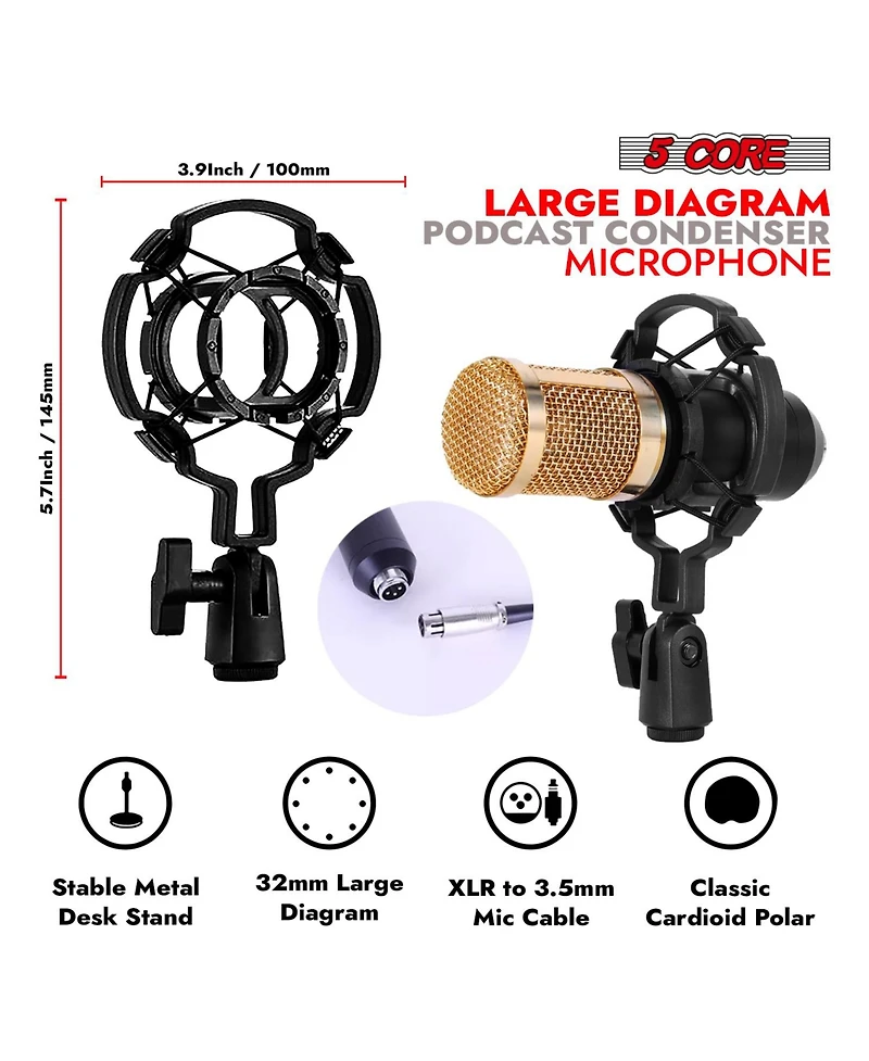 5 Core Recording Microphone Podcast Bundle • Professional Condenser Cardioid Mic Kit • w Boom Arm Rm 8 Bg