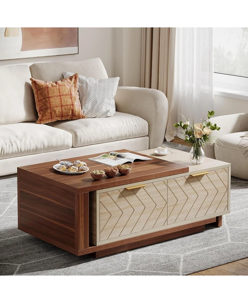 Tribesigns Extendable Coffee Table with 2 Storage Drawers, Dual-Tone Center Table with Sliding Tabletop