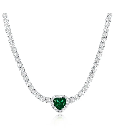 Sterling Silver, Emerald Heart Cz Tennis Necklace