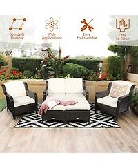 5 Pieces Patio Rattan Sofa Set with Cushion and Ottoman
