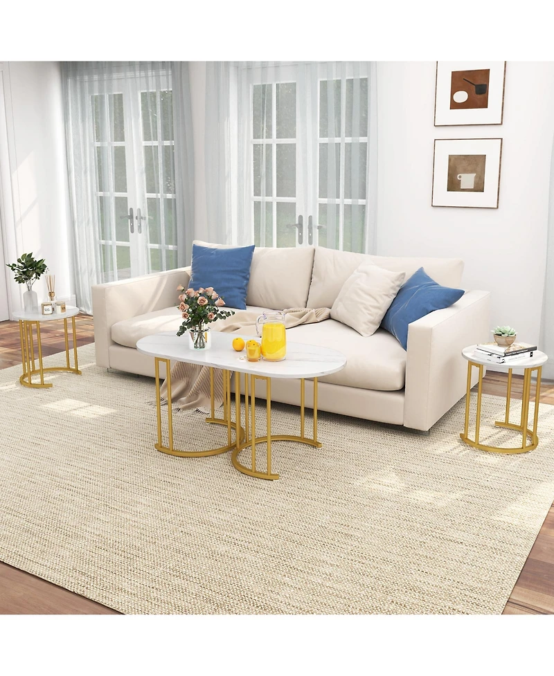 Nesting Coffee Table Set of 3 with Faux Marble Tabletop and Powder-coated Metal Frame