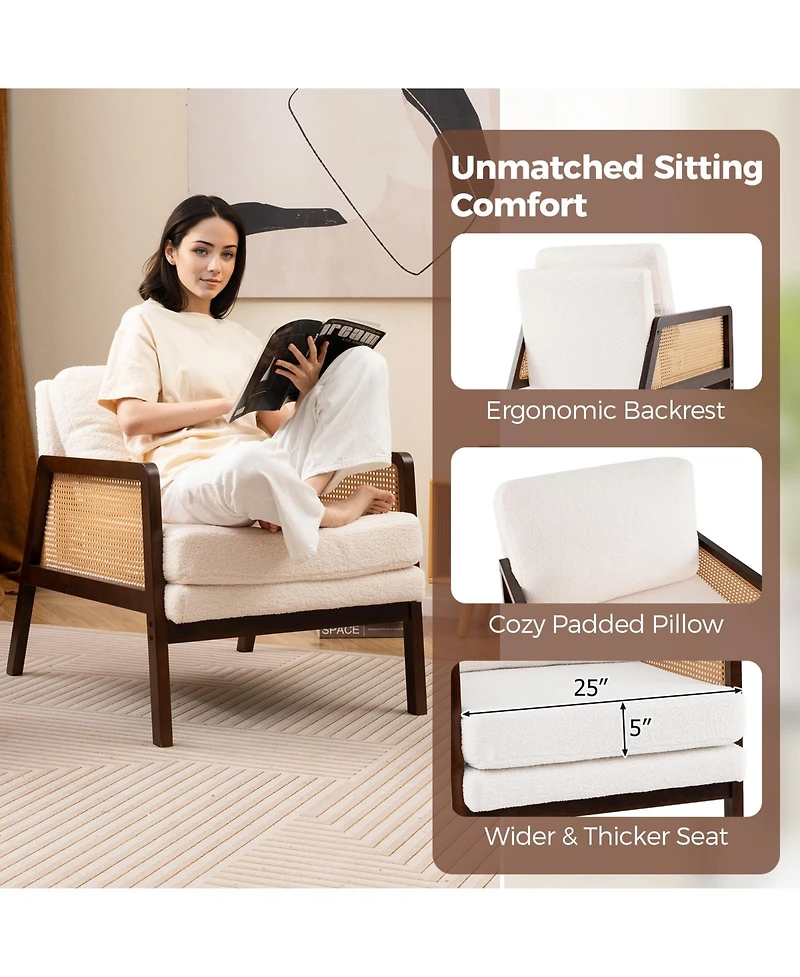 Mid Century Modern Accent Chair with Rattan Arms and Cushion