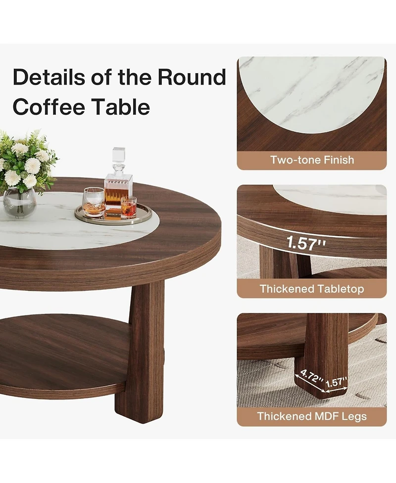 Tribesigns Coffee Table, 2-Tier Round Coffee Table with Heavy-Duty Wood Tabletop for Living Room
