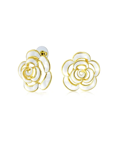 Bling Jewelry Fashion Enamel 3D White Rose Flower Stud Earrings Button Style For Non-Pierced Ears Gold Plated