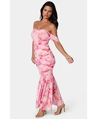 Bebe Women's Off Shoulder Ruched Mesh Gown