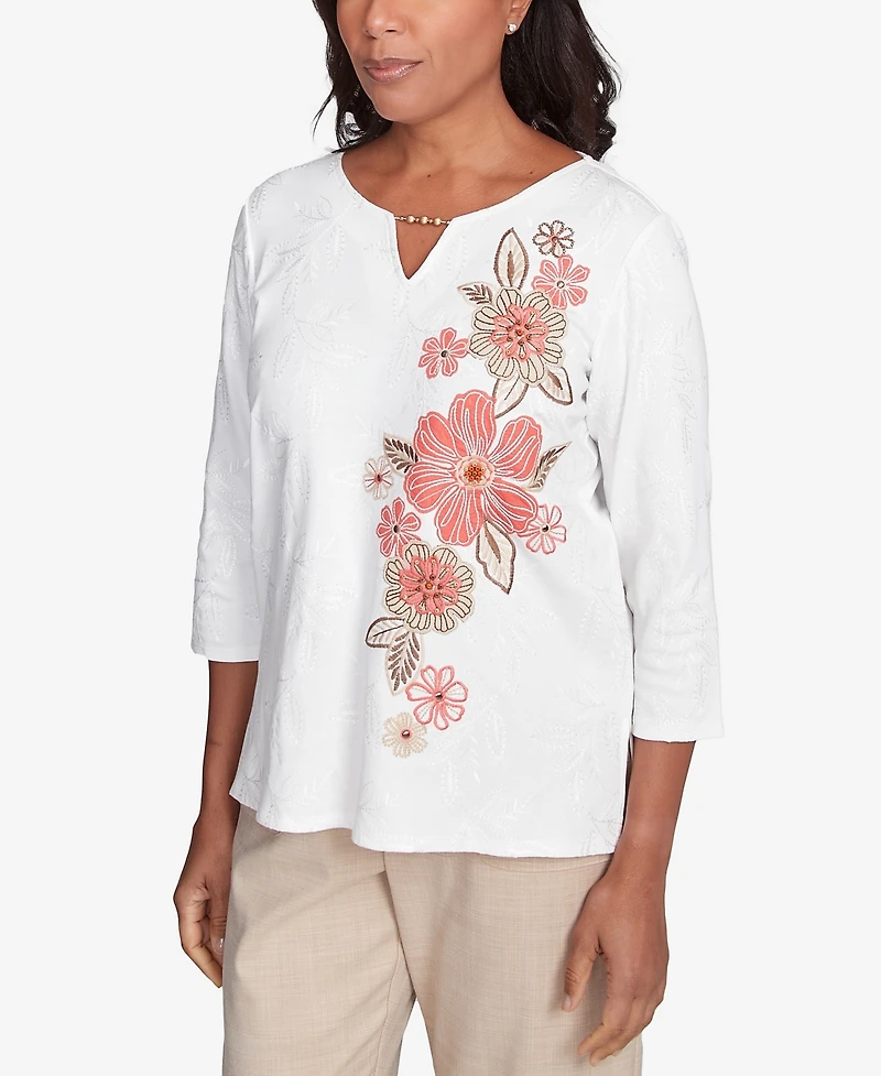 Alfred Dunner Women's Catalina Island Romantic Embroidered Floral Top