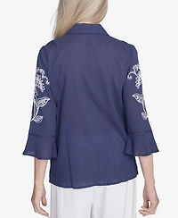 Alfred Dunner Women's Nantucket Embroidered Marine Button Front Top