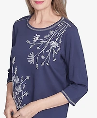 Alfred Dunner Women's Nantucket Asymmetric Floral Embroidered Crew Neck Top
