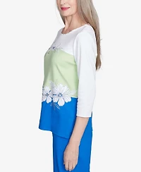 Alfred Dunner Women's Parrot Cay Tropical Colorblock Floral Top