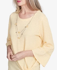 Alfred Dunner Petite Flower Power Tie Front Textured Top with Necklace