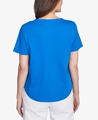 Alfred Dunner Petite Parrot Cay Tropical Floral Embroidered Top