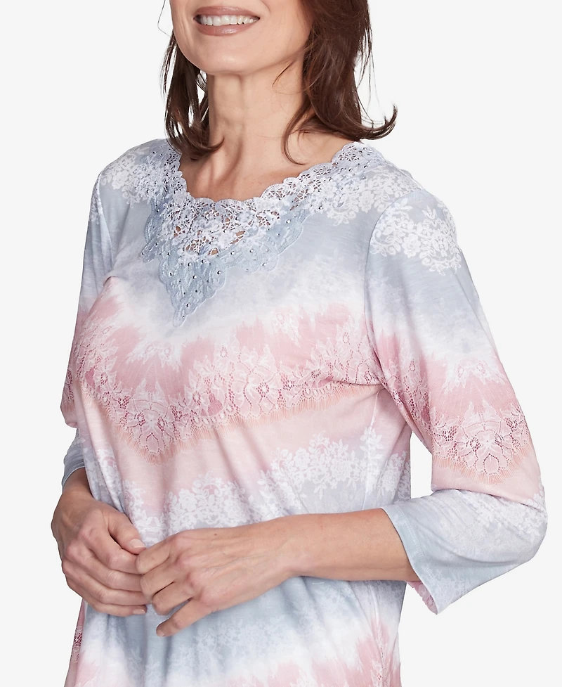 Alfred Dunner Petite Estate of Mind Chevron Lacey Three Quarter Sleeve Top