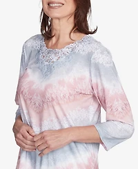 Alfred Dunner Petite Estate of Mind Chevron Lacey Three Quarter Sleeve Top