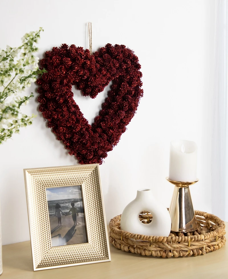 Northlight 14" Pine Cone Rose Valentine's Day Wooden Heart Wreath