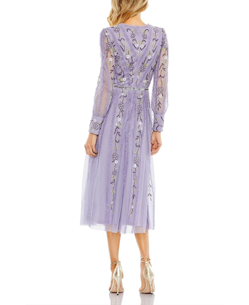 Mac Duggal Women's Long Sleeve Embroidered Wrap Midi Dress