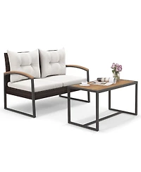 2 Pieces Patio Pe Wicker Furniture Set with Acacia Wood Coffee Table