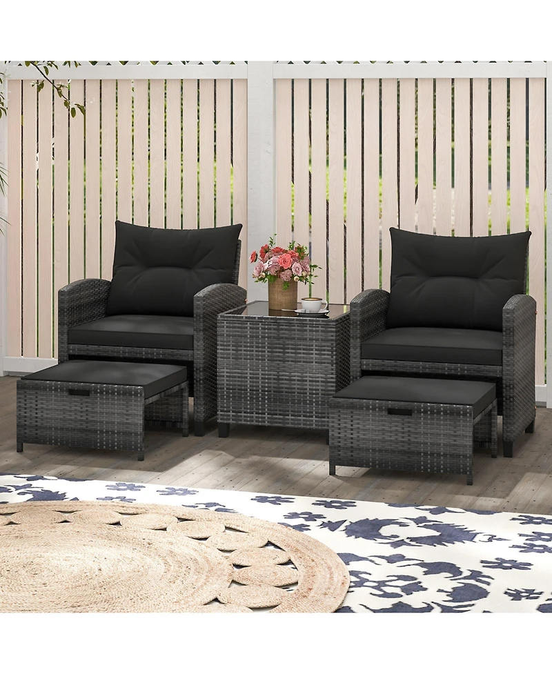 5-Piece Outdoor Rattan Furniture Set with 2 Ottomans and Glass Coffee Table