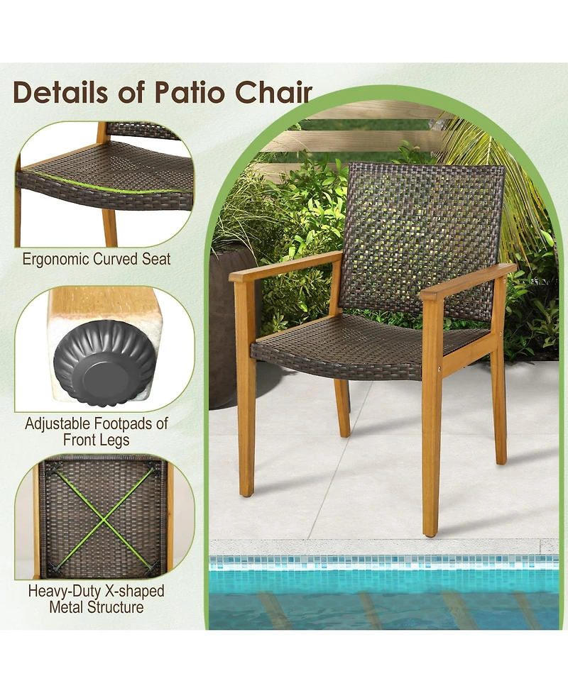 Set of 4 Outdoor Rattan Chairs with Sturdy Acacia Wood Frame for Patio or Garden