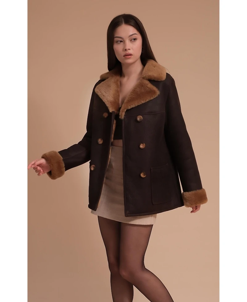 Furniq Uk Women's Leather Sheepskin Coat, Brown, Created for Macy's