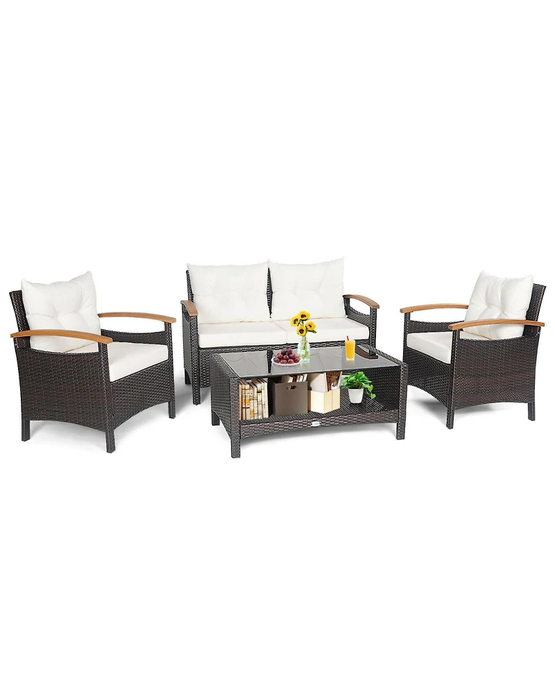 4 Pieces Patio Rattan Furniture Set with Cushioned Sofa and Storage Table