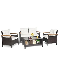 4 Pieces Patio Rattan Furniture Set with Cushioned Sofa and Storage Table