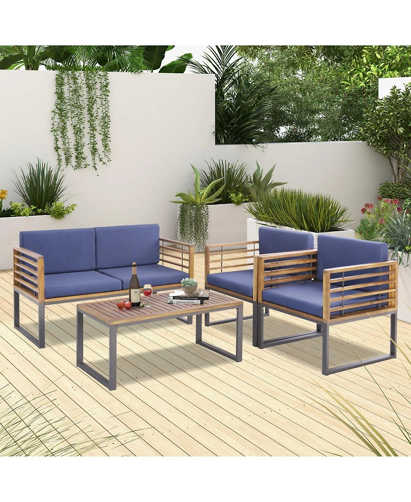 4 Piece Patio Acacia Wood Conversation Set with Soft Seat
