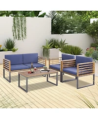4 Piece Patio Acacia Wood Conversation Set with Soft Seat