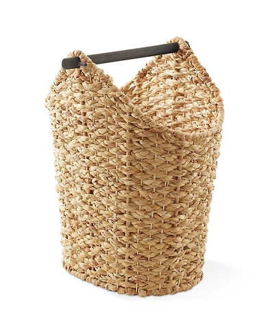 Casafield Toilet Paper Roll Holder Storage Basket with Wood Bar - Natural, Woven Water Hyacinth Wicker Bathroom Tissue Storage Organizer