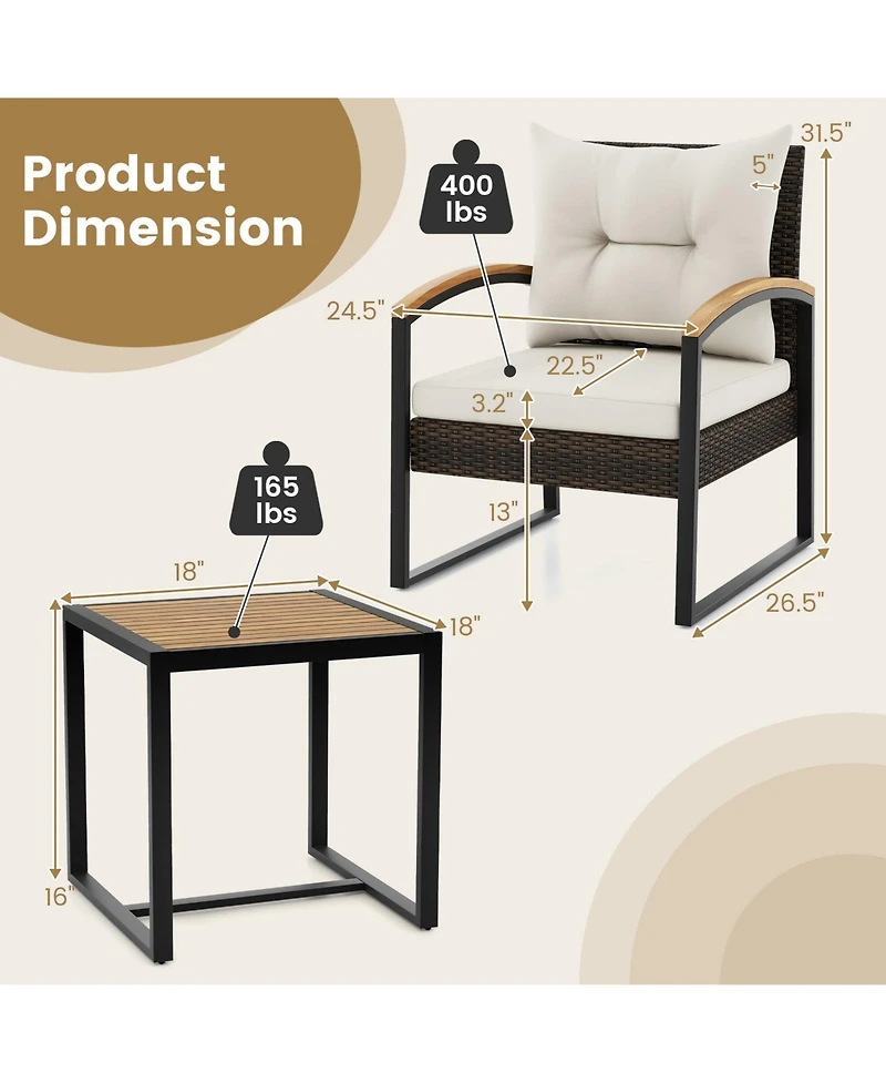 3 Piece Patio Conversation Set with Solid Acacia Wood Armrests and Tabletop