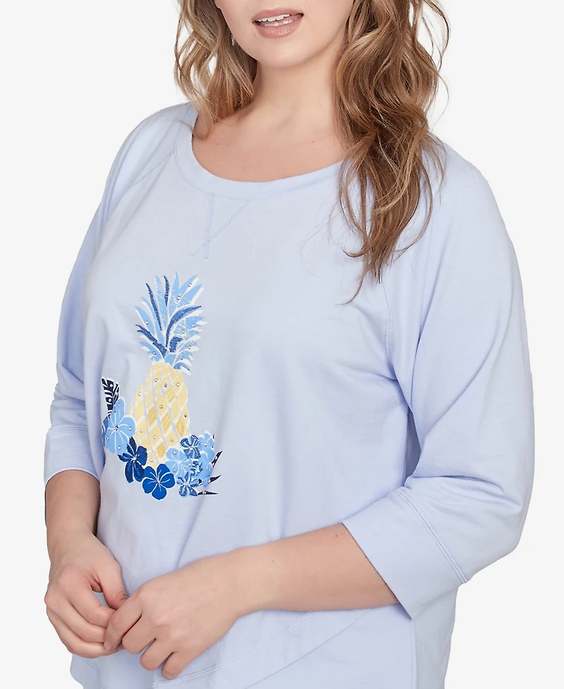 Hearts Of Palm Plus Making Waves Pineapple Printed 3/4 Sleeve Top