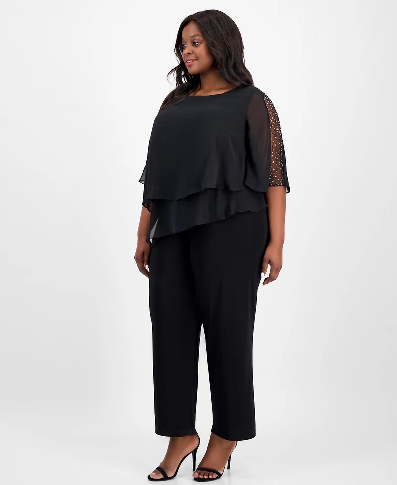 Sl Fashions Plus Size Tier-Cape Embellished Jumpsuit