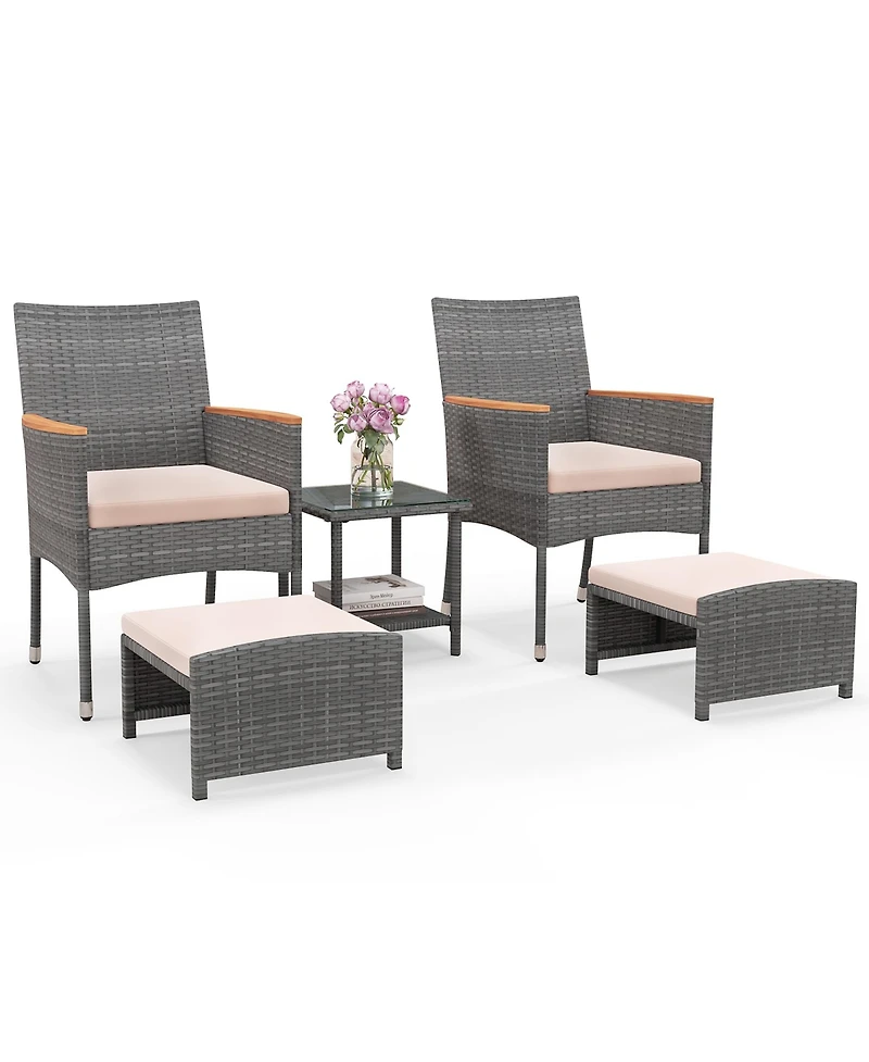 Gymax 5 Pieces Wicker Patio Furniture Set Pe Rattan Porch Chairs w/ Ottomans