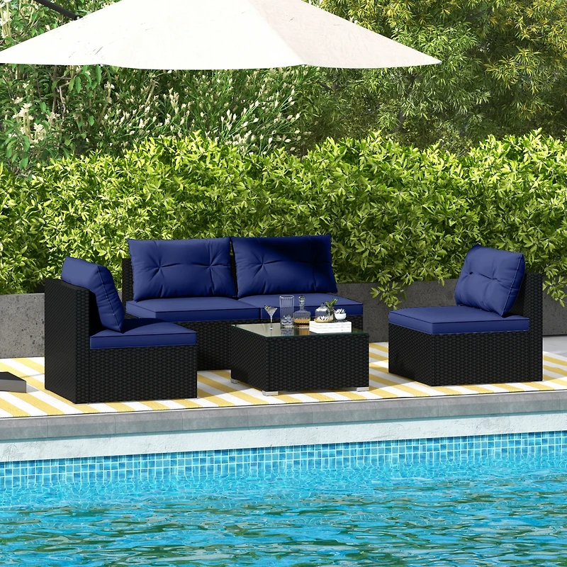 Gymax 5 Pcs Patio Furniture Set w/ Seat & Back Cushions Tempered Glass Tabletop