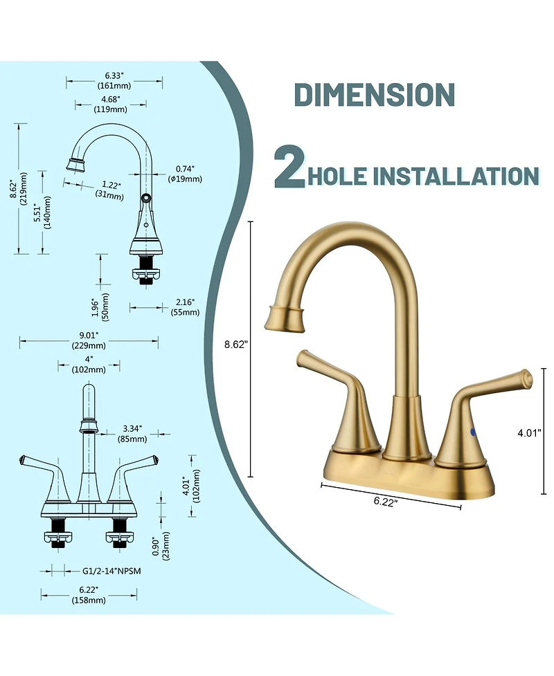Two Handle Bathroom Faucet with Drain Assembly 4-Inch Centerset Sink 3 Hole Lavatory Vanity Faucets Pop-up Drain, Bru