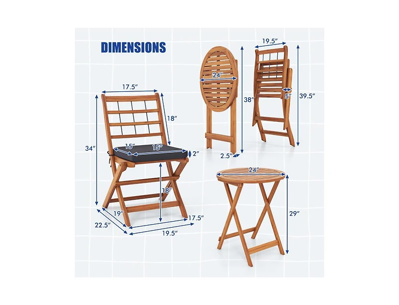 3 Pieces Acacia Wood Patio Bistro Set with Cushions